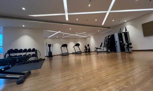 A spacious gym room equipped with treadmills and weights.