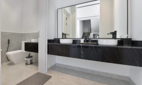 Rent a modern villa in Janabiyah with a stylish bathroom featuring black marble countertops.