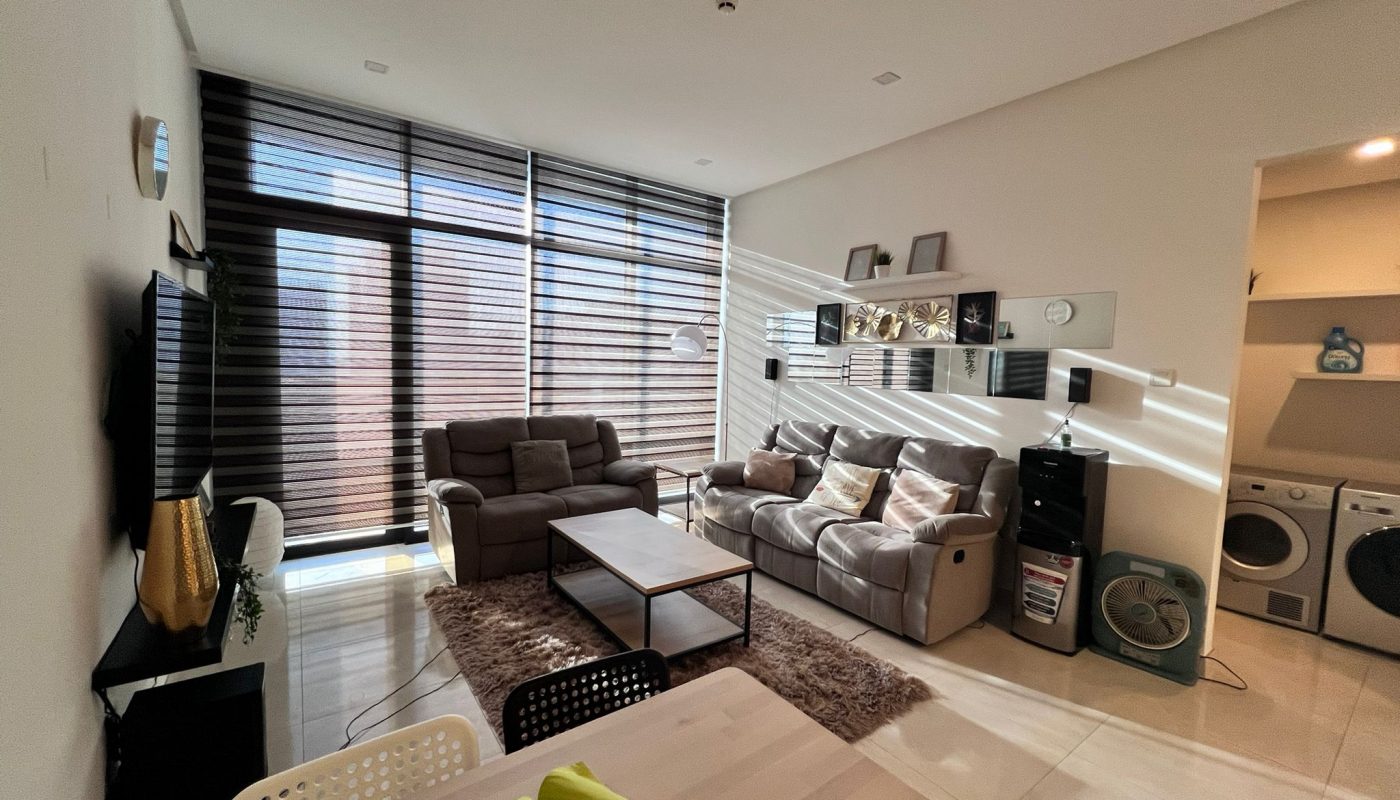 Modern living room with two grey sofas, a coffee table, TV, and shelves. Large windows with blinds let in sunlight. Laundry area with washer and dryer visible to the right.