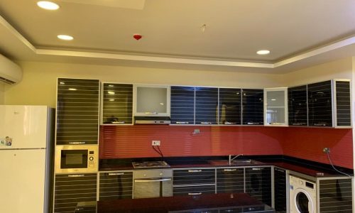 Modern kitchen with black cabinets, stainless steel appliances, a white fridge, microwave, oven, stovetop, washing machine, and red backsplash. The room has overhead lighting and a beige ceiling.