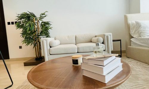 A living room with a round wooden coffee table holding books and a candle, a sofa, a potted plant, and a bed against a white wall.