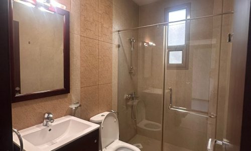 A modern bathroom with a sink, mirror, toilet, and a glass-enclosed shower area featuring a rainfall showerhead. The walls are tiled, and a ceiling light illuminates the space.