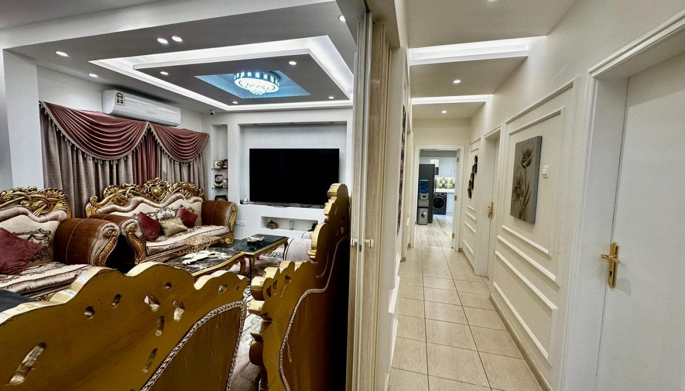 A modern living room with a luxury couch and television.