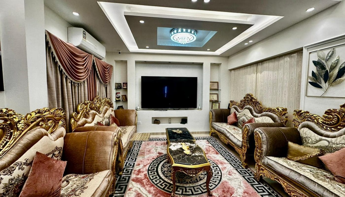 A modern living room with ornate furniture and a TV.