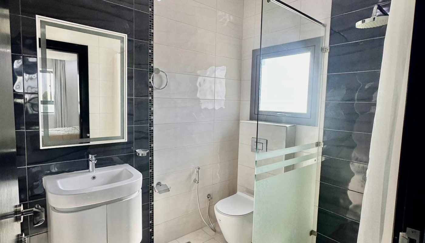 A black and white bathroom with a toilet and sink.