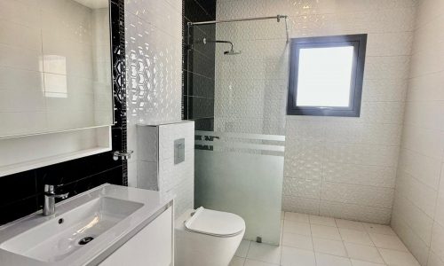 A white and black bathroom with a toilet and sink.