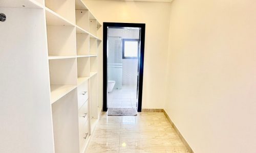 A white closet in a hallway with a door.