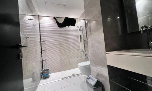 A luxurious black and white bathroom with a toilet and shower.