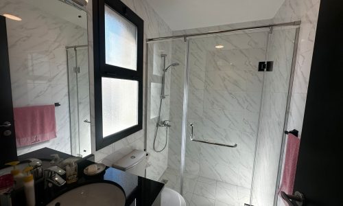 A luxury black and white bathroom with a glass shower stall in a fully-furnished apartment in Al Janabiyah.