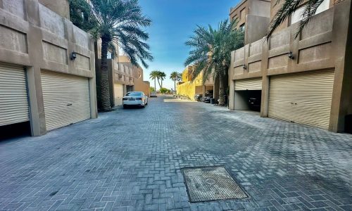 A street lined with palm trees and parked cars.