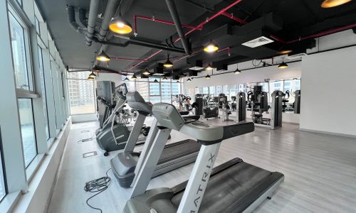 A luxury gym with tread machines and large windows.