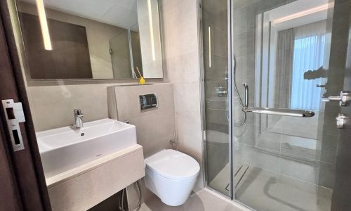 A luxury 1BR apartment in Juffair featuring a glass shower stall and toilet.