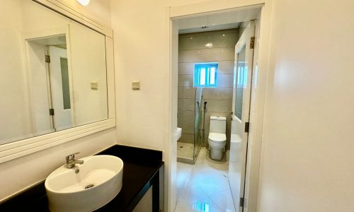 Contemporary bathroom with a white sink on a black countertop, large mirror, and adjoining tiled area with a toilet and glass-enclosed shower.