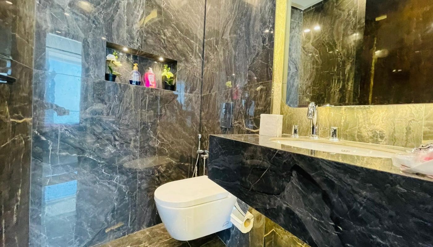 A marble bathroom with a toilet and sink.
