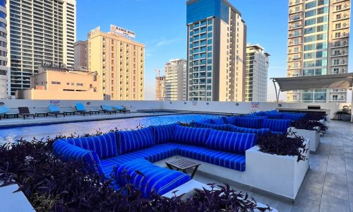 Rooftop garden with purple plants and rows of blue benches, surrounded by tall buildings under a clear blue sky.