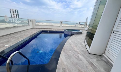 A luxury one-bedroom apartment with a swimming pool on the rooftop overlooking the city in Seef.