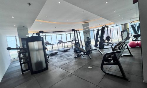 A luxury apartment gym with exercise equipment and a view of the city.