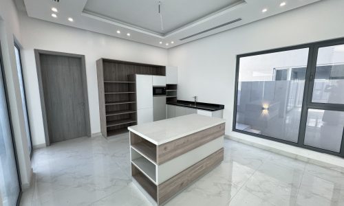 Modern Villa kitchen with island, built-in shelves, and large windows.