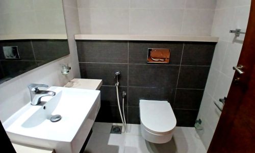 Modern bathroom with a sink, toilet, and Auto Draft handheld shower.