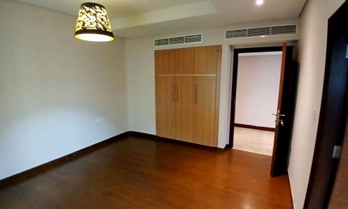 An empty room with wooden flooring, a hanging Auto Draft lampshade, built-in wardrobe, and white walls.