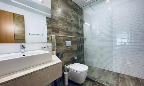 Modern bathroom interior with glass shower enclosure, wooden cabinets, and tiled walls.