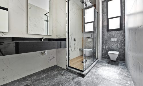 Modern bathroom with marble finishes, featuring a glass-enclosed shower, wall-mounted toilet, and vanity with black countertop.