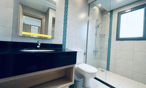 Modern bathroom interior with a black countertop sink, mirror, toilet, walk-in shower, and Auto Draft.