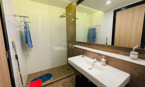 Modern bathroom interior in a luxury 2BR apartment with a walk-in shower, double sink vanity, and large mirror.