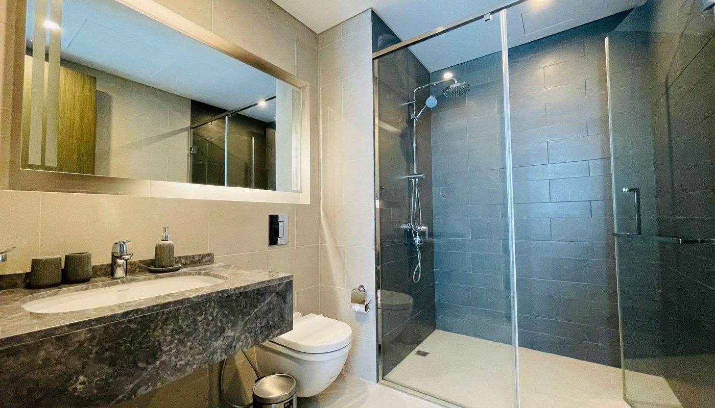 Modern bathroom with a walk-in shower, toilet, and vanity with a large mirror.