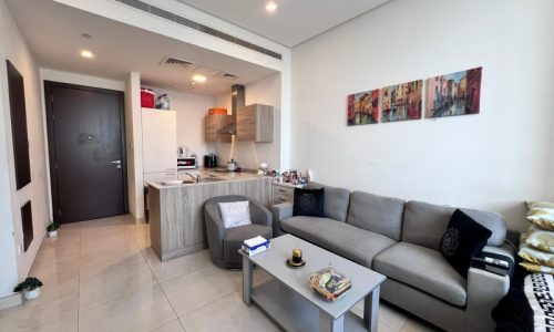 Modern flat interior in Juffair featuring an open-plan layout with a living area and kitchen, a gray sofa, and a wall-mounted painting.