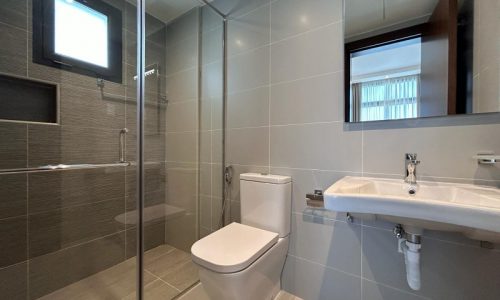 Modern bathroom interior in a luxury apartment with a glass shower enclosure, toilet, and sink.