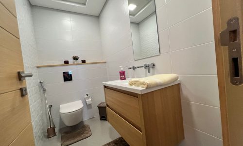 Modern bathroom interior in a luxury flat featuring a wooden vanity, white walls, a mirror, and a wall-mounted toilet. Accessories like towels and a soap dispenser are visible.