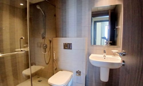 A contemporary bathroom with a glass shower enclosure, wall-mounted toilet, and a pedestal sink.