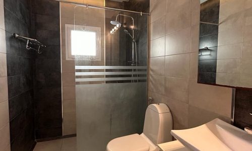 Modern luxury apartment bathroom interior with a glass shower stall, toilet, and sink.