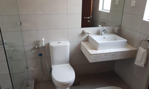 A modern bathroom with a toilet, basin, shower area, and Auto Draft system.