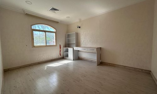 Empty room with pale walls and light wooden flooring, featuring an arched window and a built-in white cabinet.