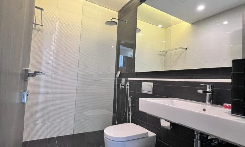 Modern bathroom interior featuring a wall-mounted toilet, a glass shower enclosure, and a luxury vanity area with a mirror and sink. Black tiles on the floor contrast with white wall tiles.