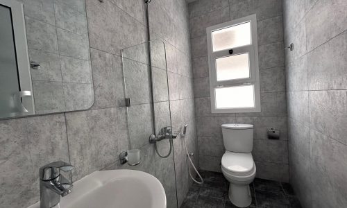 A modern bathroom with a bathtub, glass shower partition, toilet, and small frosted windows, all in a grey tile finish.