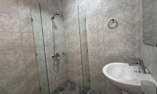 A modern bathroom with gray tiled walls featuring a glass shower stall, wall-mounted toilet, bidet, and an Auto Draft system.