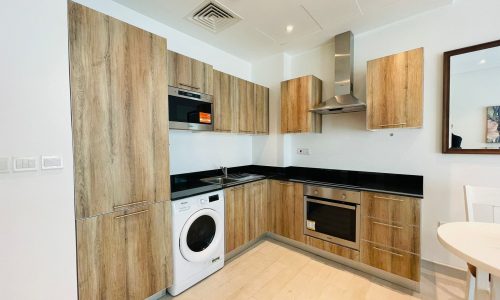 Stylish apartment with modern kitchen interior, wooden cabinets, built-in appliances, and a washing machine.