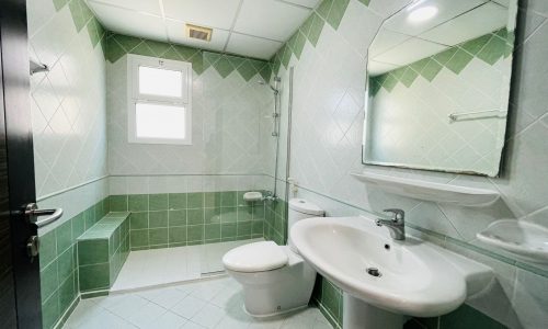 A small bathroom in a stylish apartment with green and white tiles featuring a toilet, sink, mirror, shower with a curtain, and two windows.