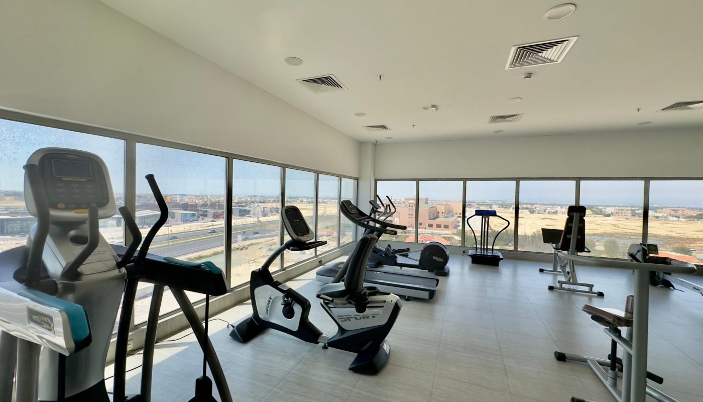 Interior of a luxury apartment gym with various exercise machines, including treadmills and stationary bikes, overlooking a cityscape through large windows.