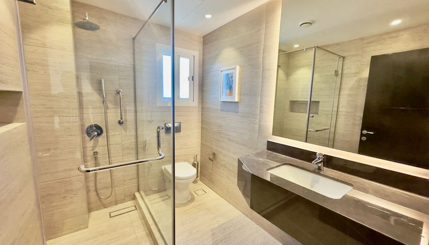 Luxury Apartment bathroom with a glass shower enclosure, wall-mounted toilet, and a vanity with sink, illuminated by natural and artificial light.