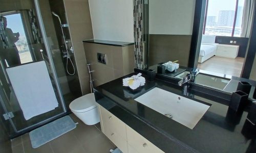 Modern hotel bathroom with a large mirror, black countertop, sink, towels, and an attached shower visible through a glass door, overlooking an urban cityscape.