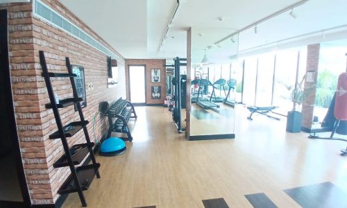 Spacious gym with wooden flooring, brick wall, assorted exercise equipment, and large windows letting in natural light.