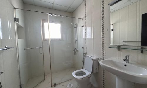 A modern bathroom featuring a glass shower enclosure, white toilet, bidet, and a washbasin with a large mirror.