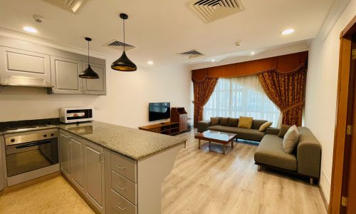 Modern kitchen in a furnished apartment with a central island, built-in appliances, and an attached living area featuring a sofa and television.