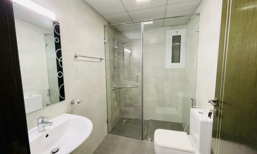 A modern bathroom in a Juffair apartment with a glass shower enclosure, white toilet, sink, and reflective surfaces, featuring gray tiles and a mirrored cabinet.