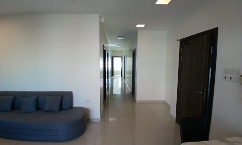 Interior of an amazing apartment showing a blue sofa, white walls, and a hallway leading to other rooms.