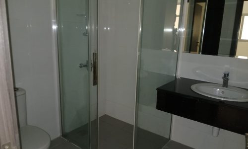 A modern bathroom with a glass-enclosed shower, a toilet, and a black countertop sink under a wall-mounted mirror.